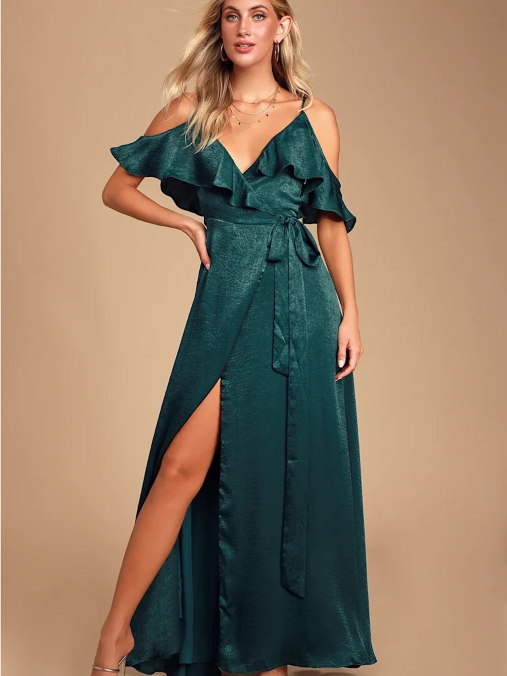 Cold-Shoulder V-Neck Ruffle Wrap Maxi Dress - Emerald Green